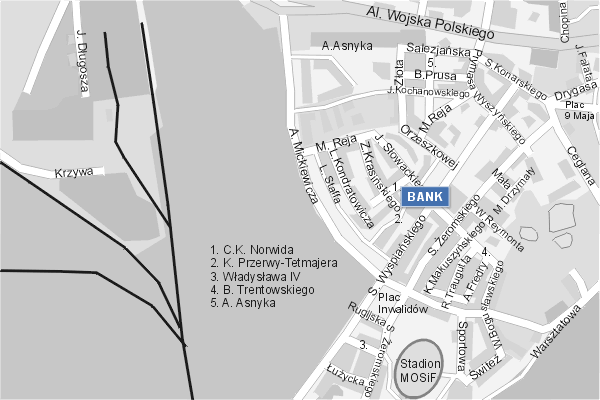 Mapa ( Plan ) Piy ( Pily ). Warstwa Bankowa Pia. Pia - Wielkopolska.  
  
   Warstwa bankowa prezentuje wybrane lokalizacje pilskich bankw w postaci umieszczonego znaku graficznego BANK. Po najechaniu kursorem myszy na znak graficzny pojawia si nazwa i adres lokalizowanego banku (IE), a po klikniciu w niektre loga otwiera dodatkowe okienko z opisem banku i danymi teleadresowymi. Mapa wykonana jest w skali 1:10 000 - warstwa bankowa.

Pia - warstwa bankowa ( BANK ) Internetowego Planu Piy serwisu Cyber Wielkopolska.