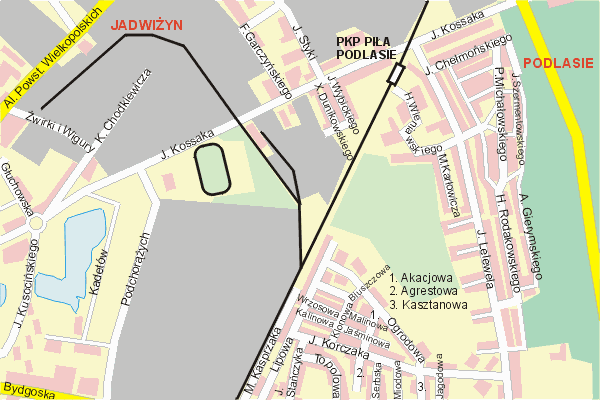 Mapa ( Plan ) Piy ( Pily ). Warstwa gwna. Pia ( Pila ) - Wielkopolska.    
   Warstwa gwna prezentuje ukad ulic Piy, oraz okolicznych miejscowoci. Zaznaczono: gwne trasy komunikacyjne, trasy przelotowe Piy, jeziora, rzeki, trasy kolejowe, tereny zielone, przemysowe i zarysy zabudowa. Mapa wykonana jest w skali 1:10 000 - warstwa podstawowa oraz w wikszych skalach.

Pia - warstwa gwna Internetowego Planu Piy serwisu Cyber Wielkopolska.